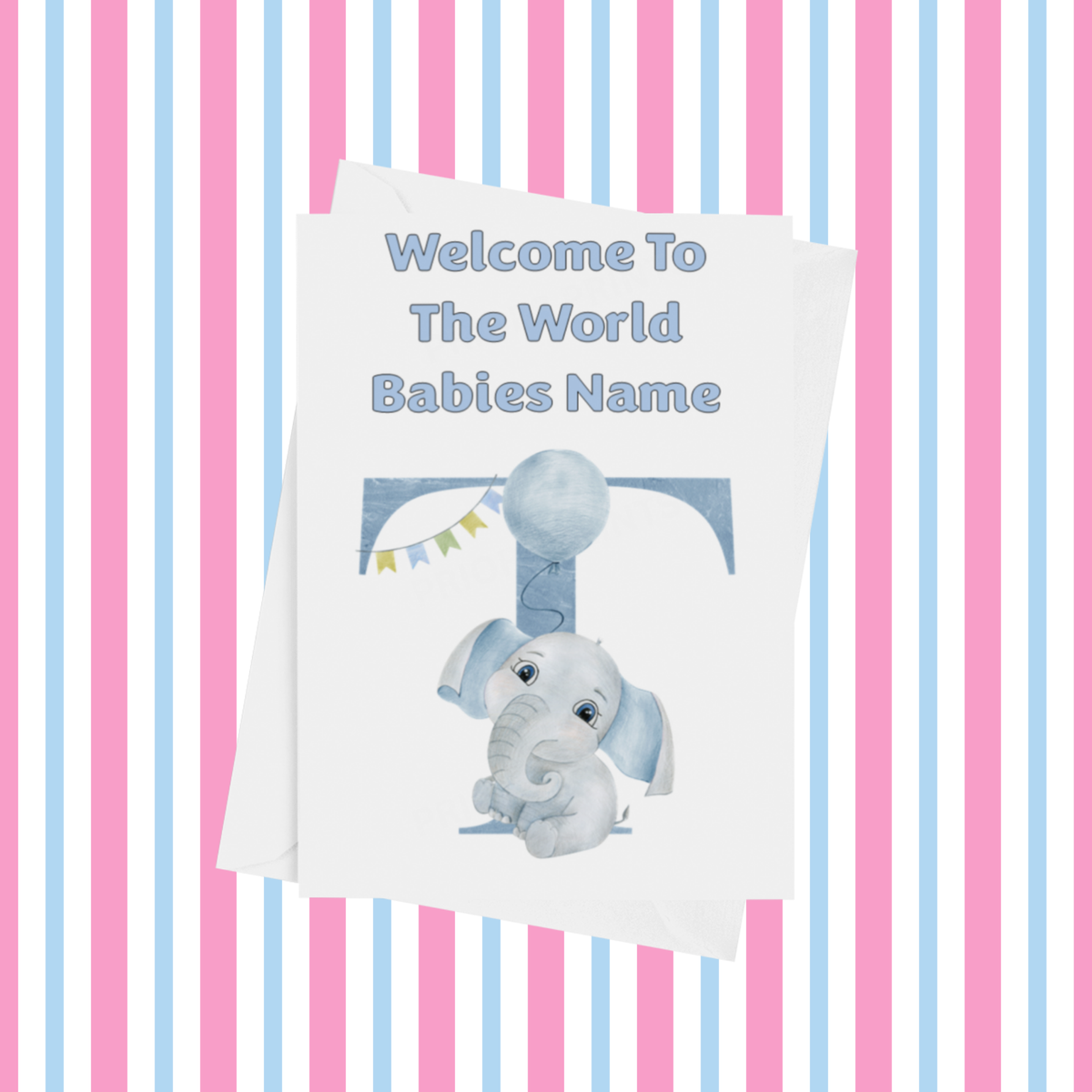 Welcome To The World Elephants Personalised Card for New Baby in Blue