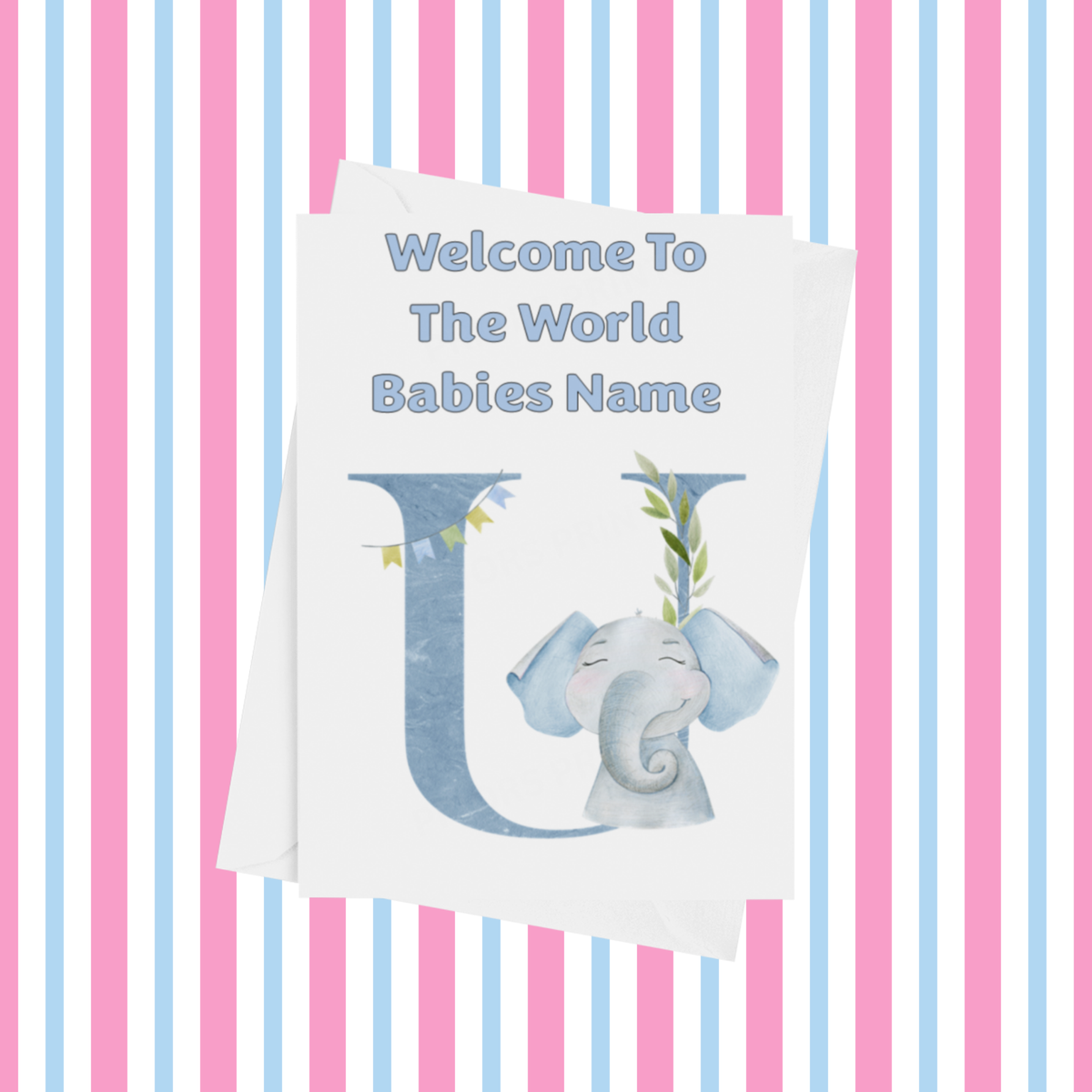 Welcome To The World Elephants Personalised Card for New Baby in Blue