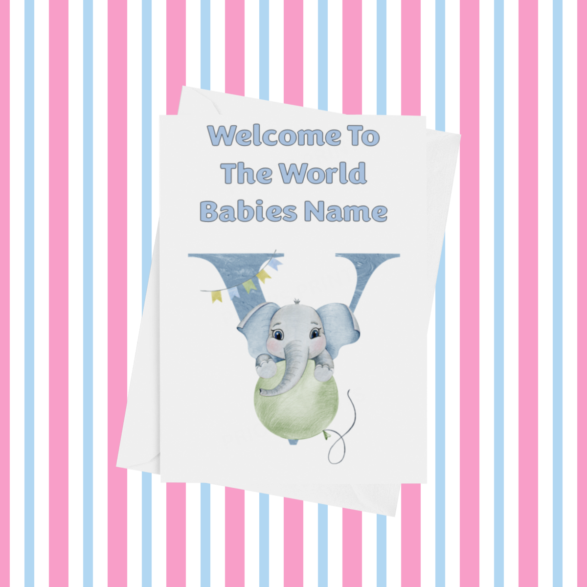 Welcome To The World Elephants Personalised Card for New Baby in Blue