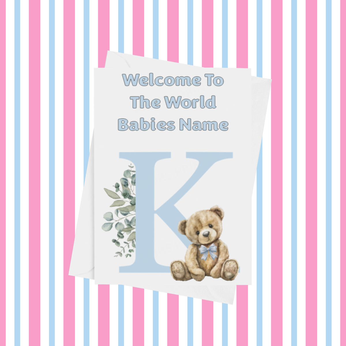 Cute Blue Bear Welcome To The World Personalised Card for New Baby