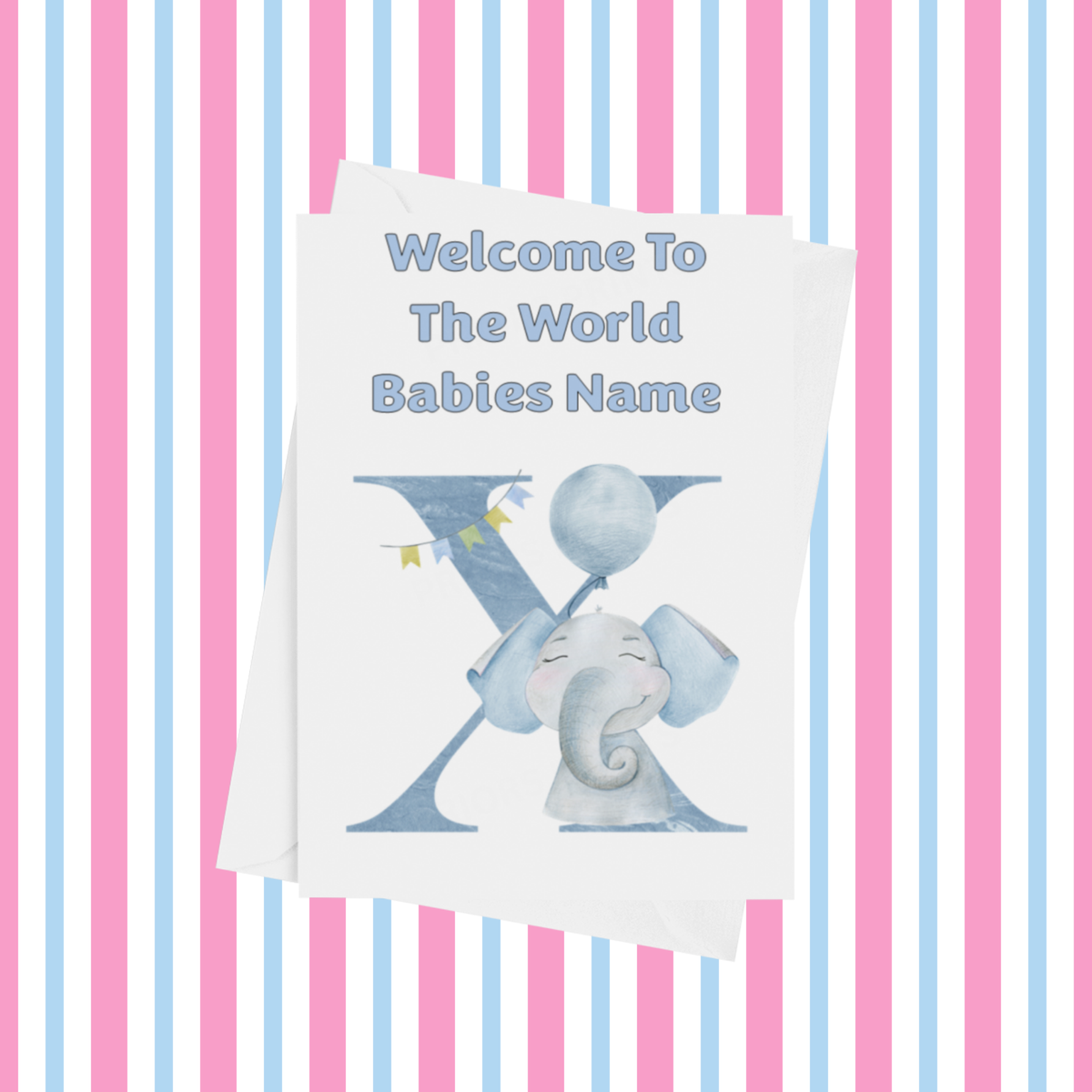 Welcome To The World Elephants Personalised Card for New Baby in Blue