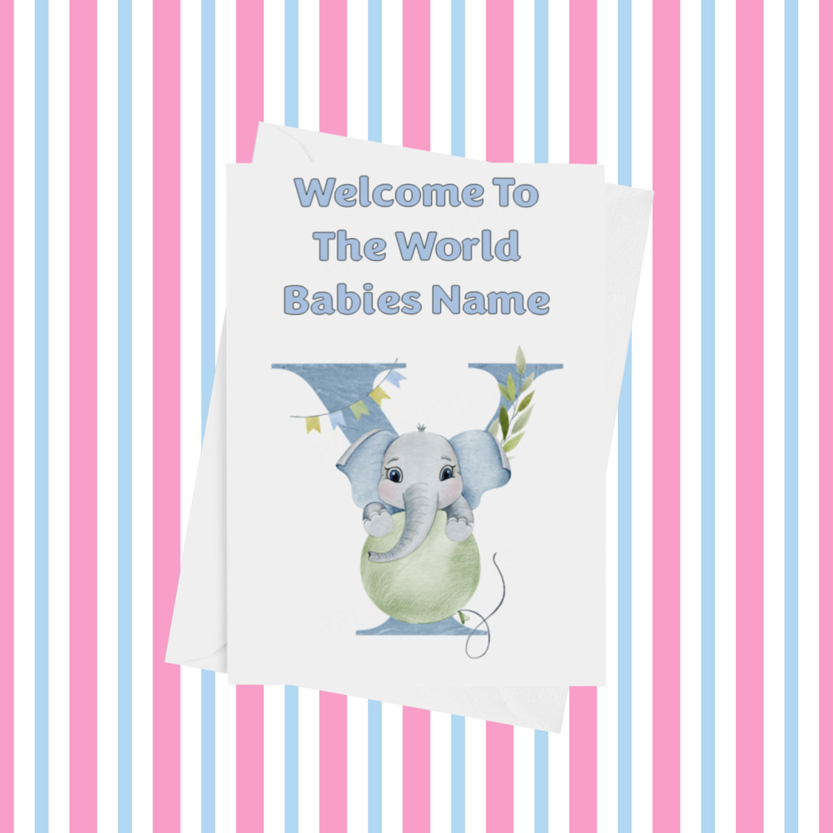 Welcome To The World Elephants Personalised Card for New Baby in Blue