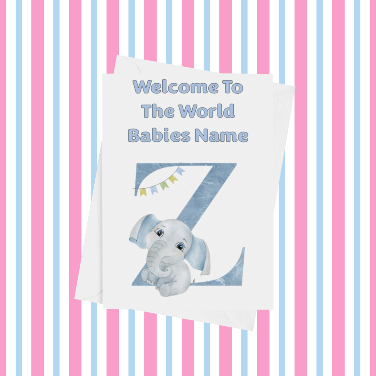 Welcome To The World Elephants Personalised Card for New Baby in Blue