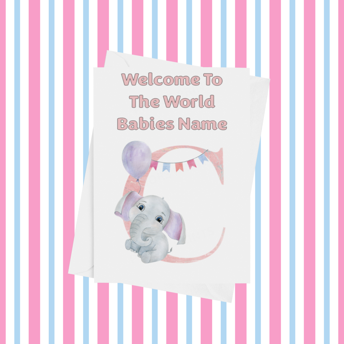 Welcome To The World Elephants Personalised Card for New Baby in Pink