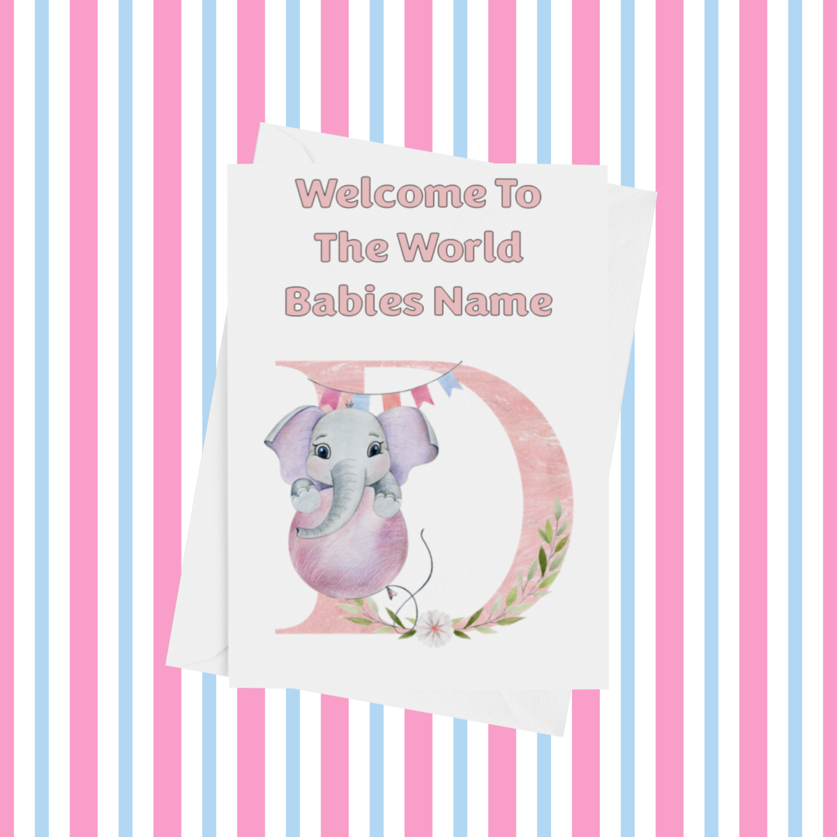 Welcome To The World Elephants Personalised Card for New Baby in Pink