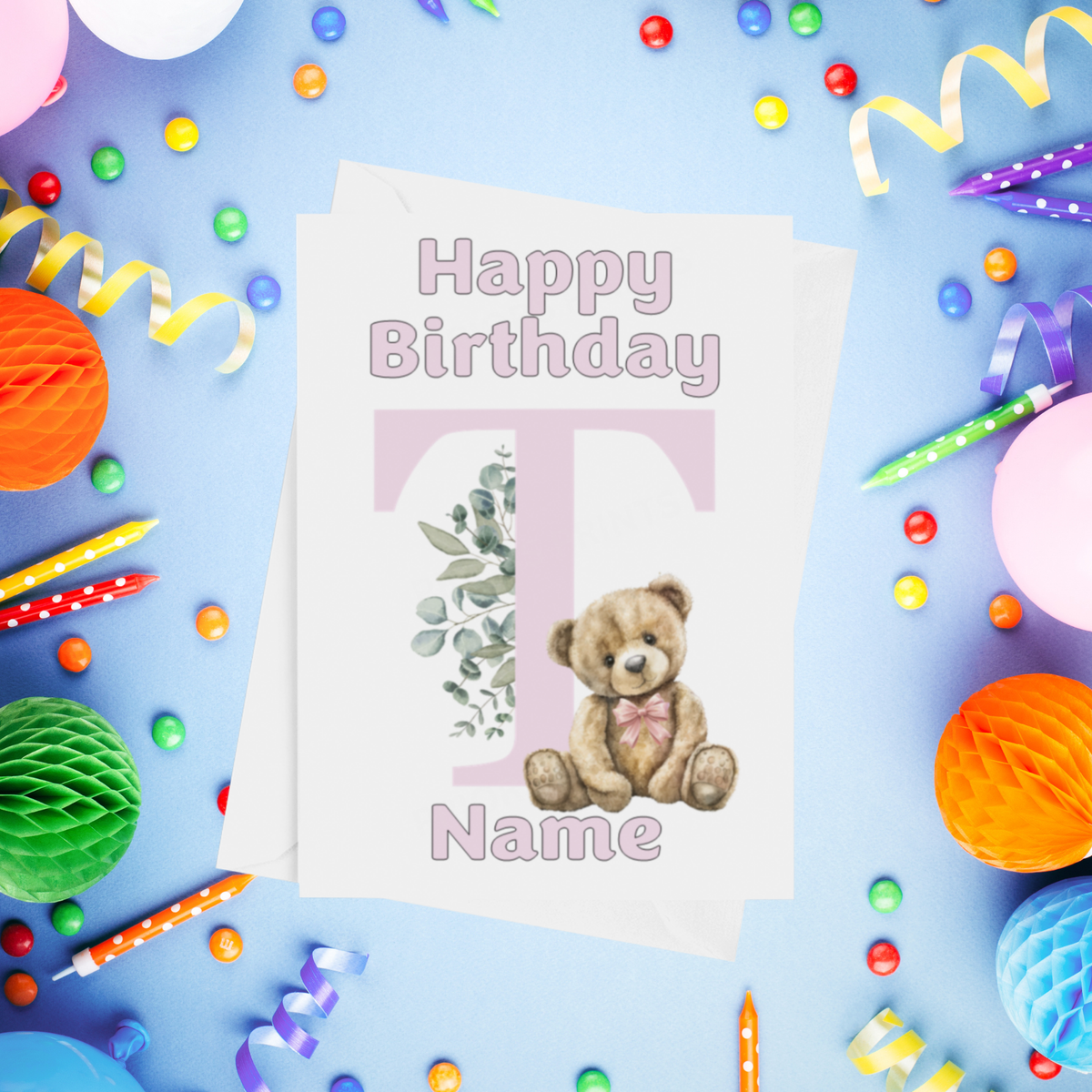 Cute Pink Alphabet Bear Personalised Birthday Card