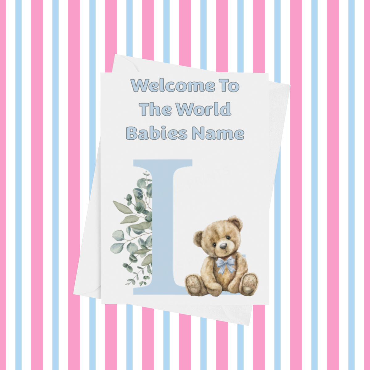 Cute Blue Bear Welcome To The World Personalised Card for New Baby