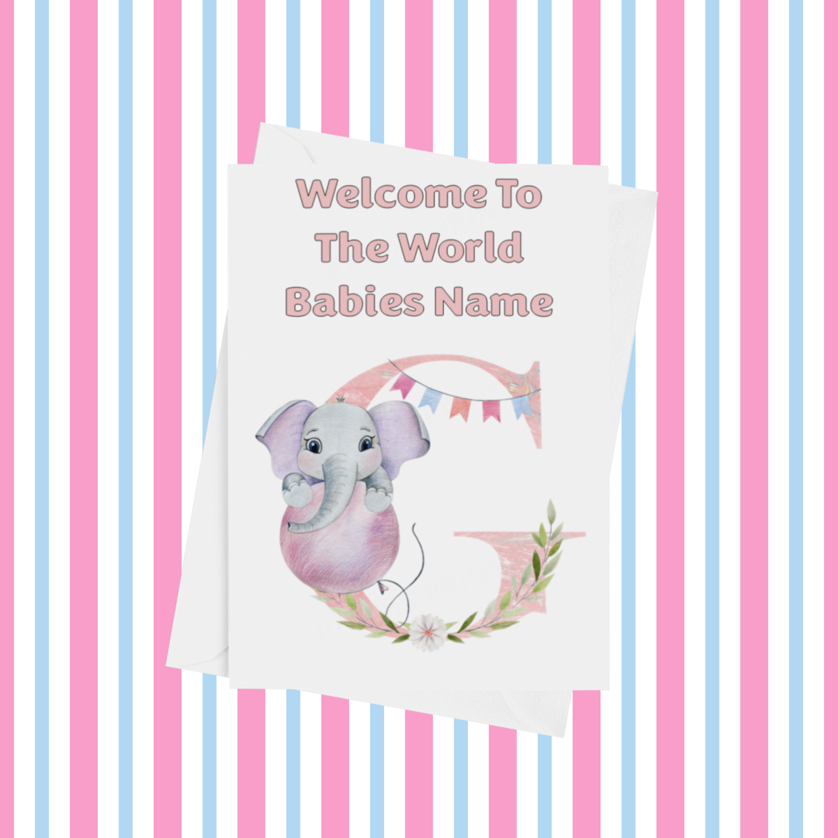 Welcome To The World Elephants Personalised Card for New Baby in Pink