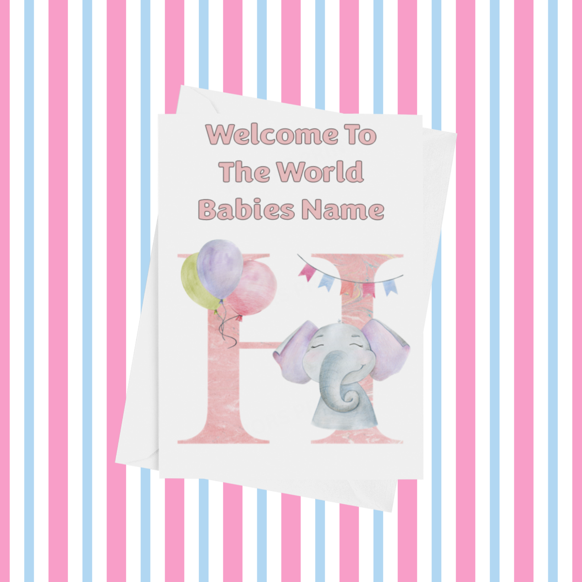 Welcome To The World Elephants Personalised Card for New Baby in Pink