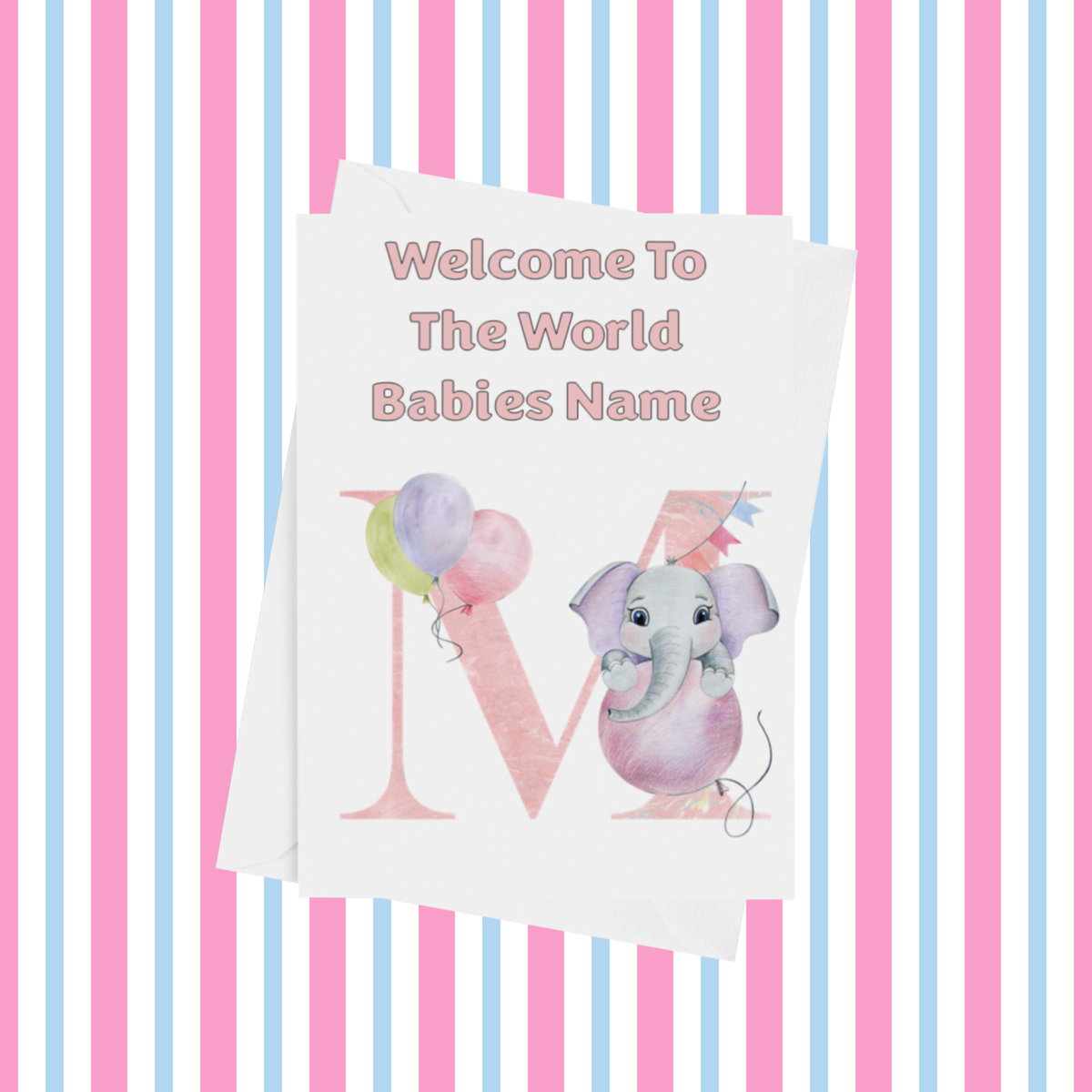 Welcome To The World Elephants Personalised Card for New Baby in Pink