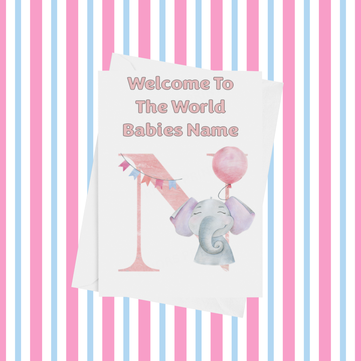 Welcome To The World Elephants Personalised Card for New Baby in Pink