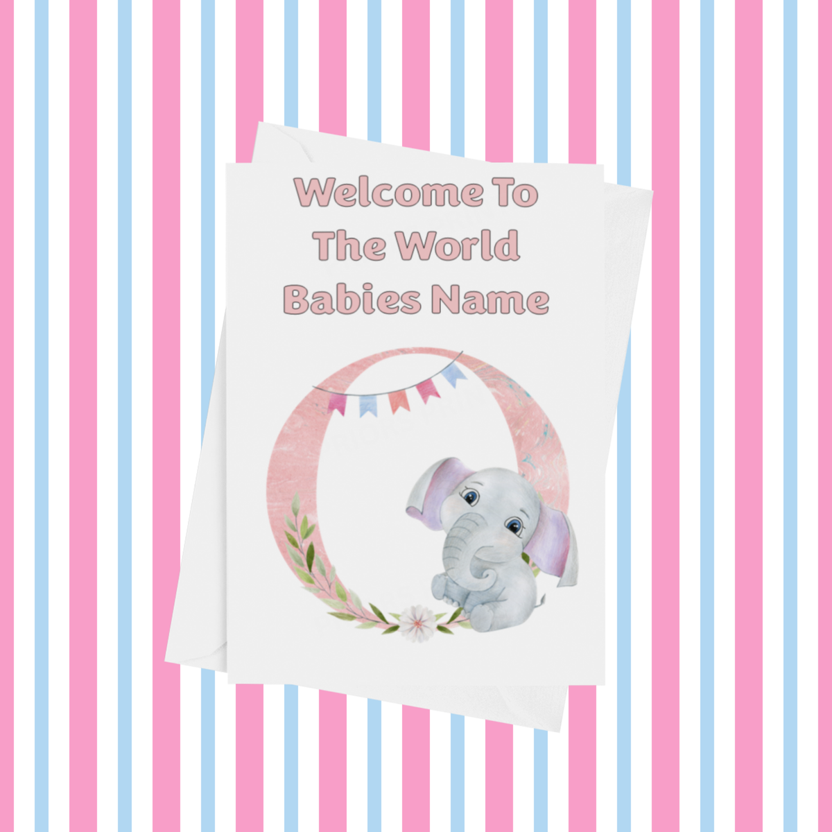 Welcome To The World Elephants Personalised Card for New Baby in Pink