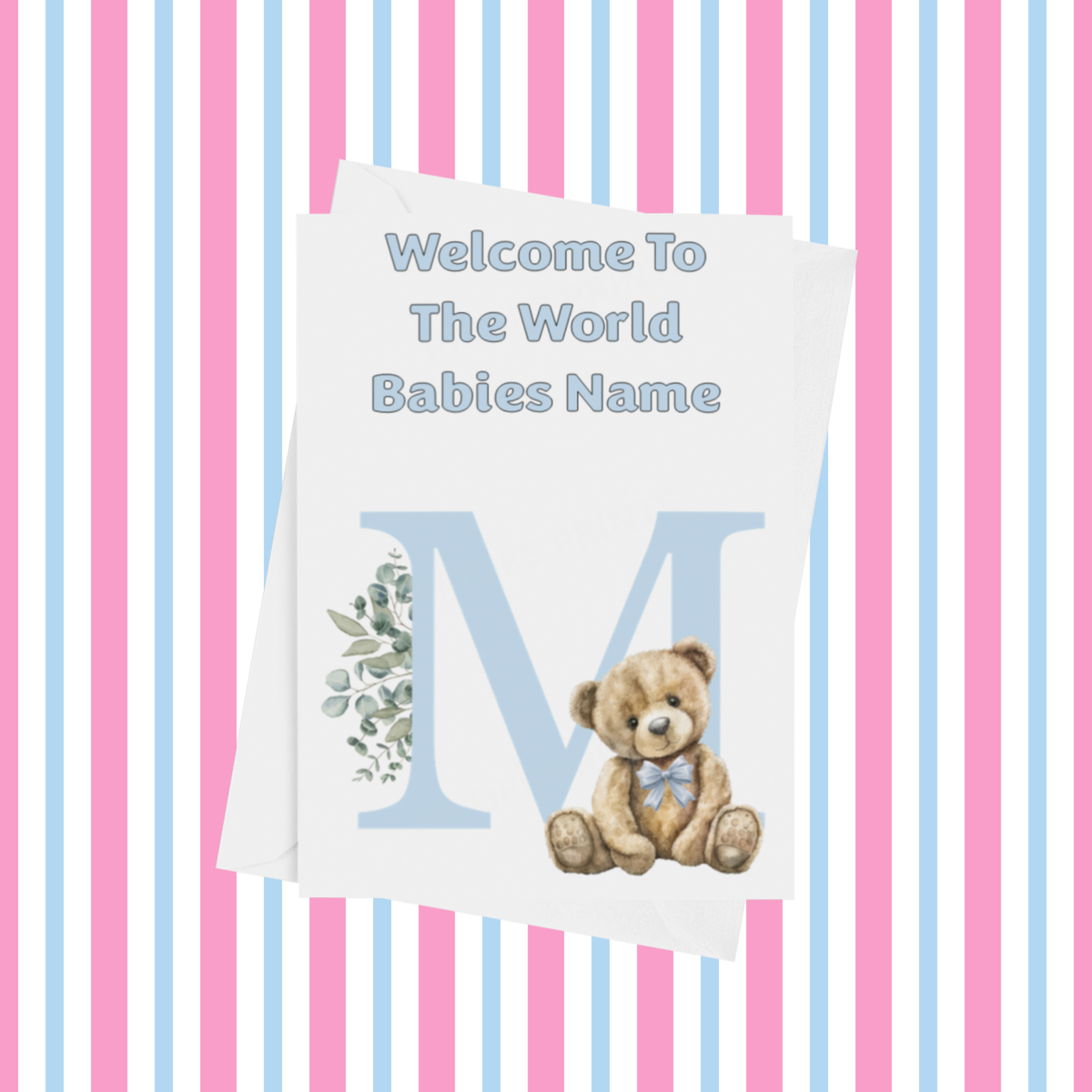 Cute Blue Bear Welcome To The World Personalised Card for New Baby
