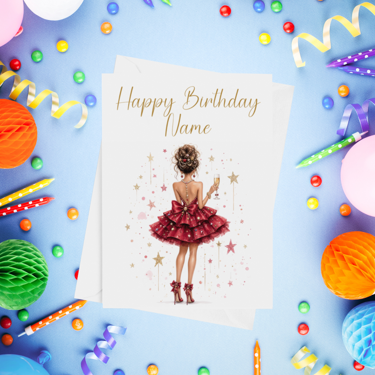 Woman in Pretty Dress with Drink Personalised Birthday Card