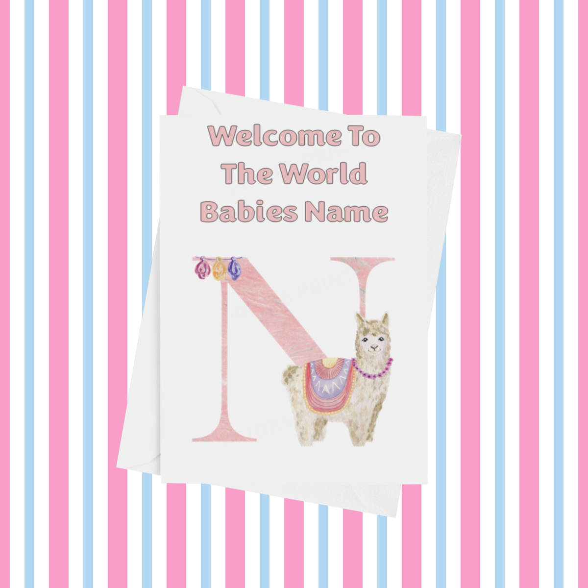 Welcome To The World Llama Personalised Card for New Baby in Pink
