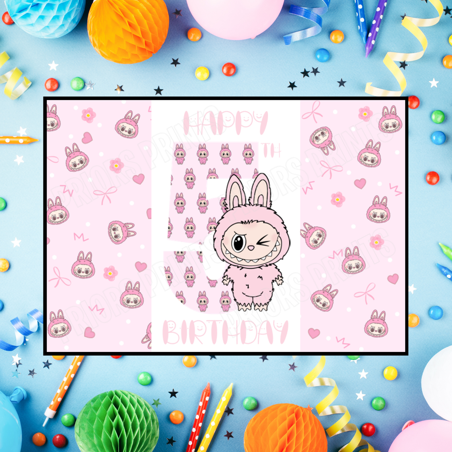 Pink Labubu Birthday Chocolate Bar Wrapper with Age 5-20 Years (Matches Cards)