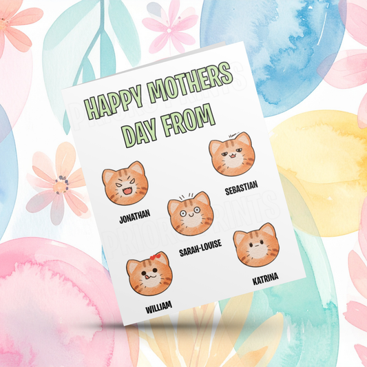 Cat Personalised Mothers Day Card with Children's Names