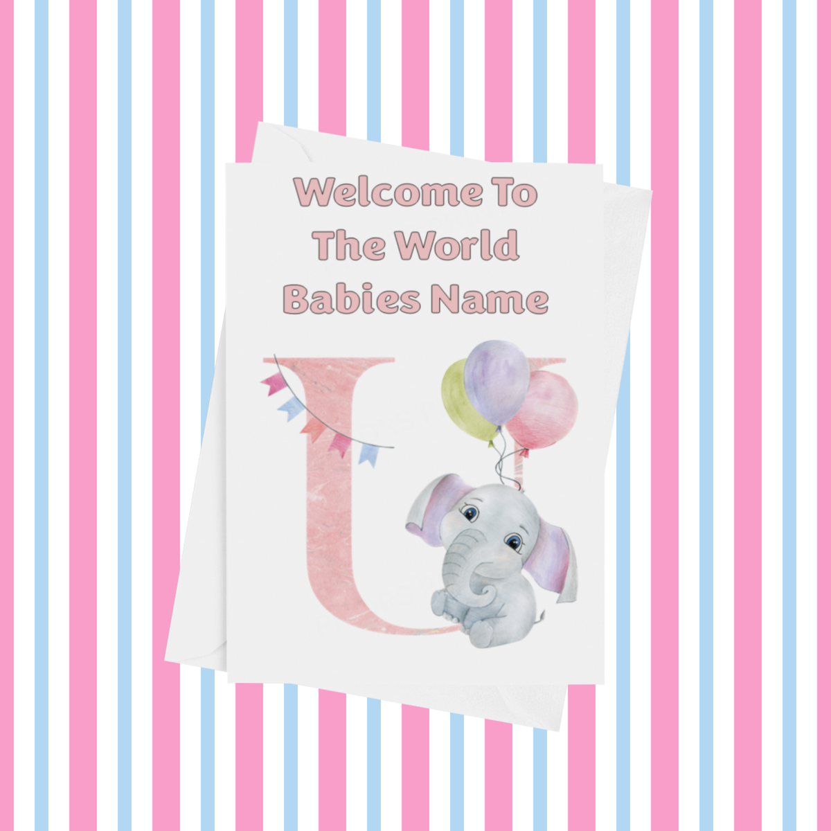 Welcome To The World Elephants Personalised Card for New Baby in Pink