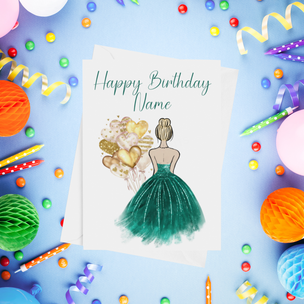 Pretty Dress in Green Personalised Birthday Card with Choice of Some Skin & Hair Colours