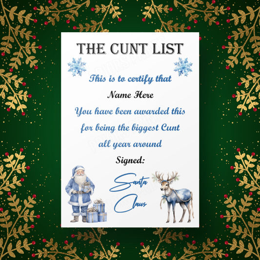 Personalised Twat or Cunt List Christmas Certificate A5