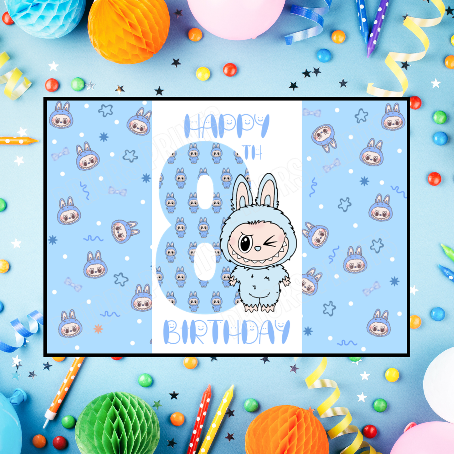 Blue Labubu Birthday Chocolate Bar Wrapper with Age 5-20 Years (Matches Cards)