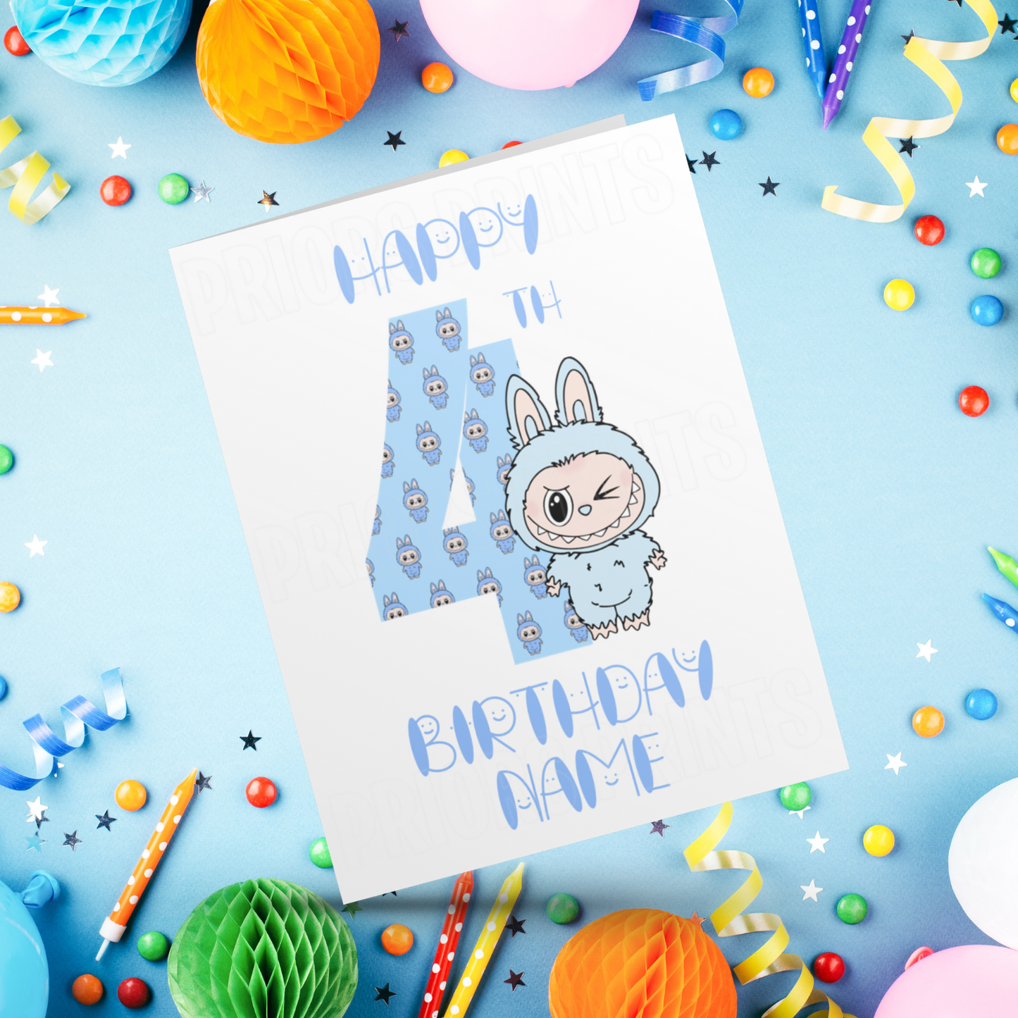 Personalised Labubu Birthday Card with Age 5-20 Years- Blue