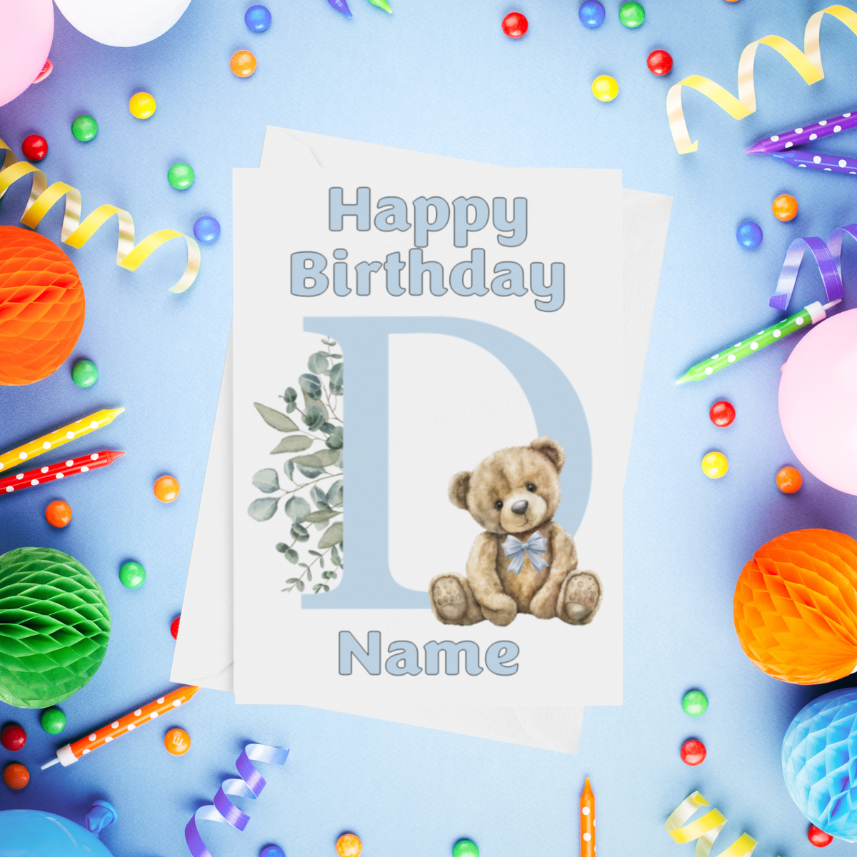 Cute Blue Alphabet Bear Personalised Birthday Card