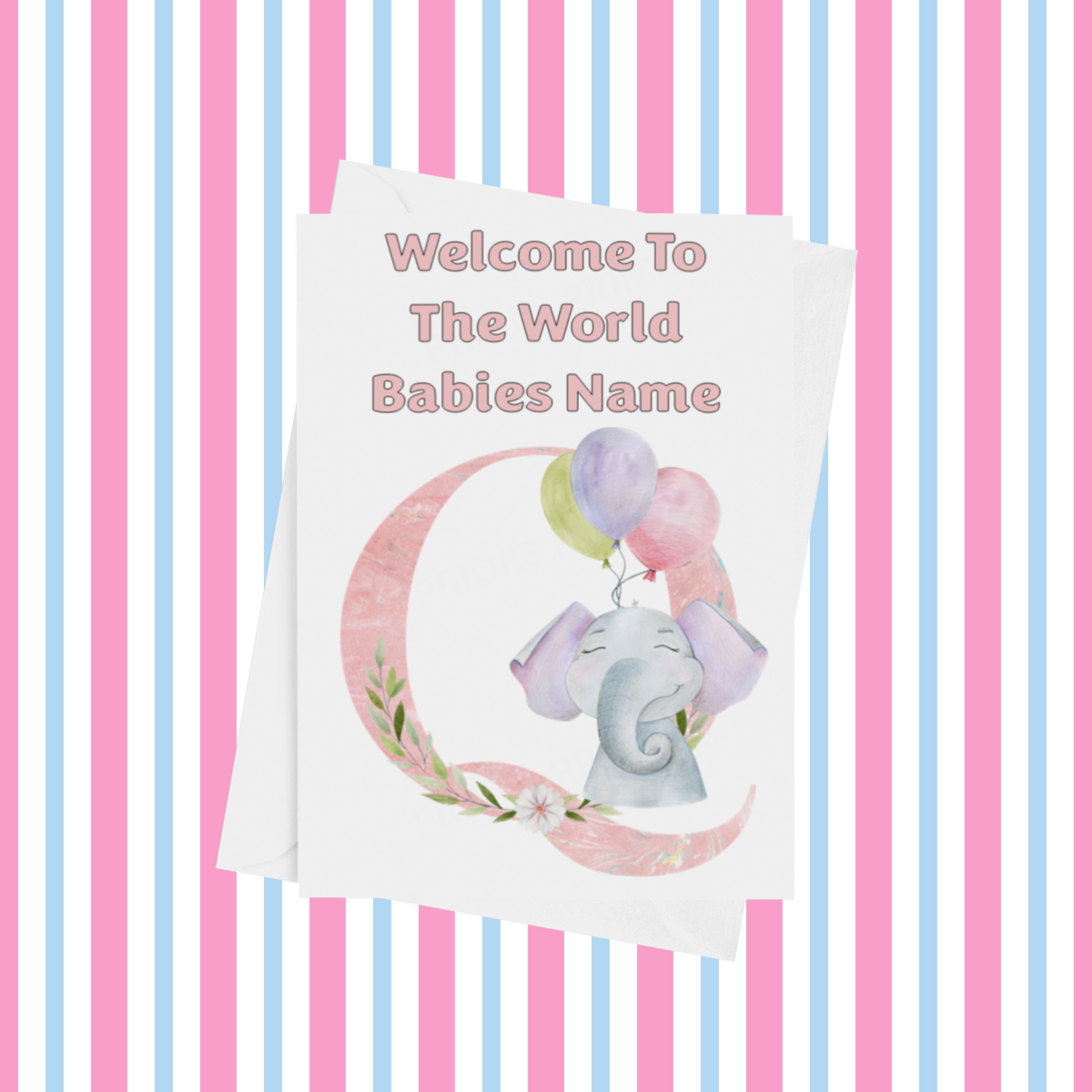 Welcome To The World Elephants Personalised Card for New Baby in Pink
