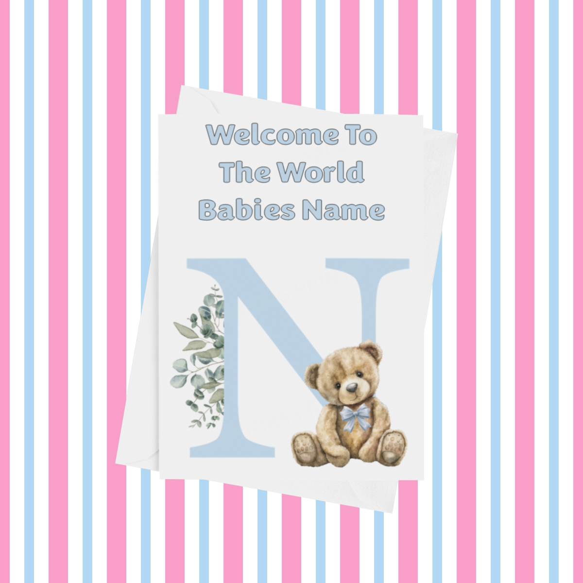 Cute Blue Bear Welcome To The World Personalised Card for New Baby