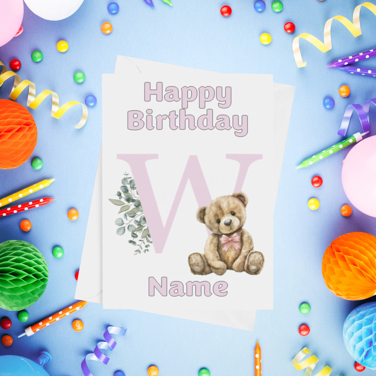 Cute Pink Alphabet Bear Personalised Birthday Card