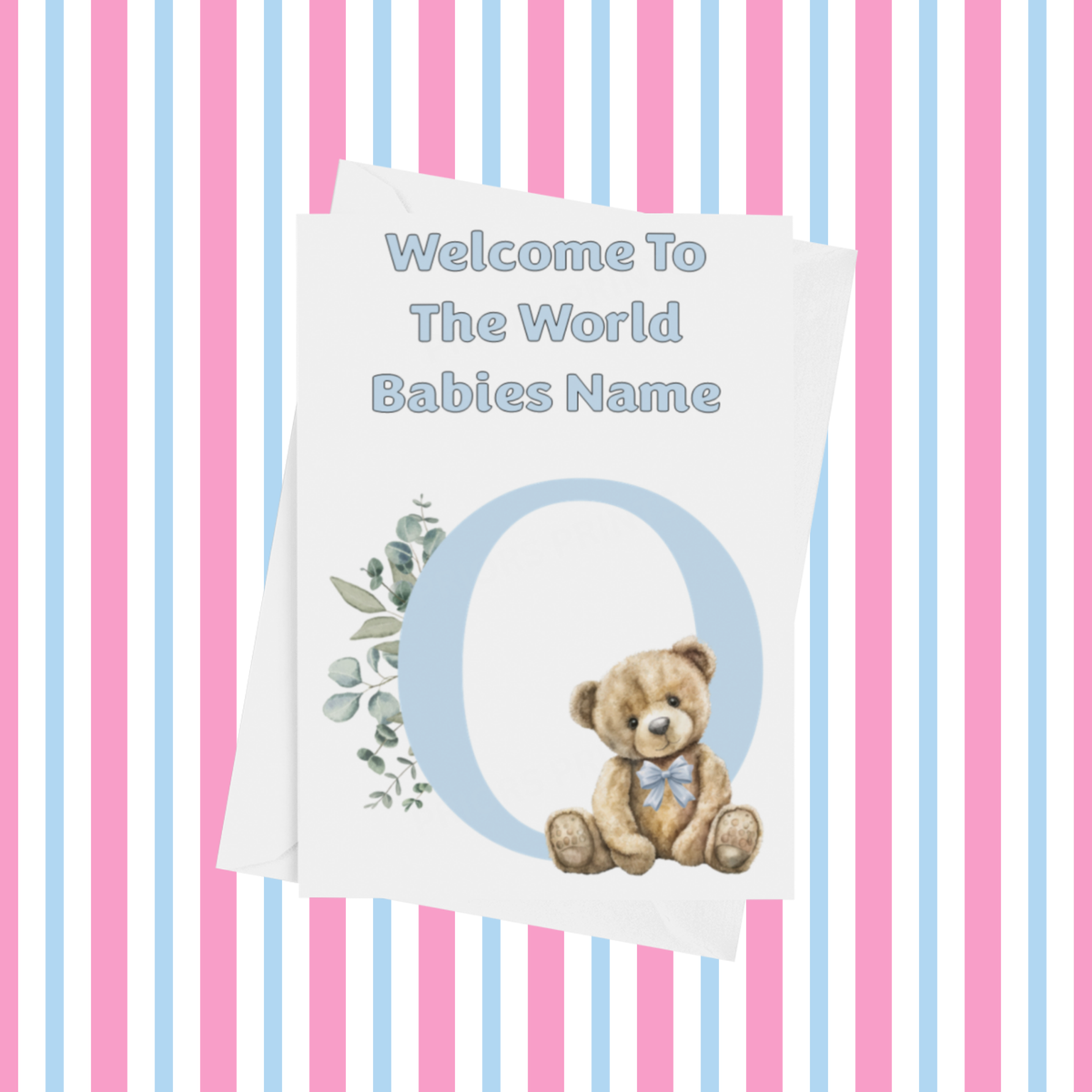 Cute Blue Bear Welcome To The World Personalised Card for New Baby