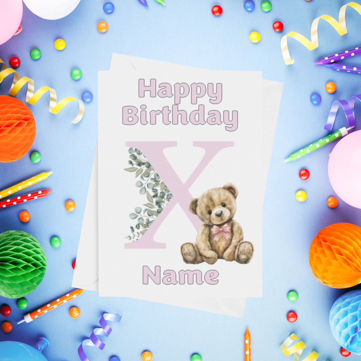 Cute Pink Alphabet Bear Personalised Birthday Card