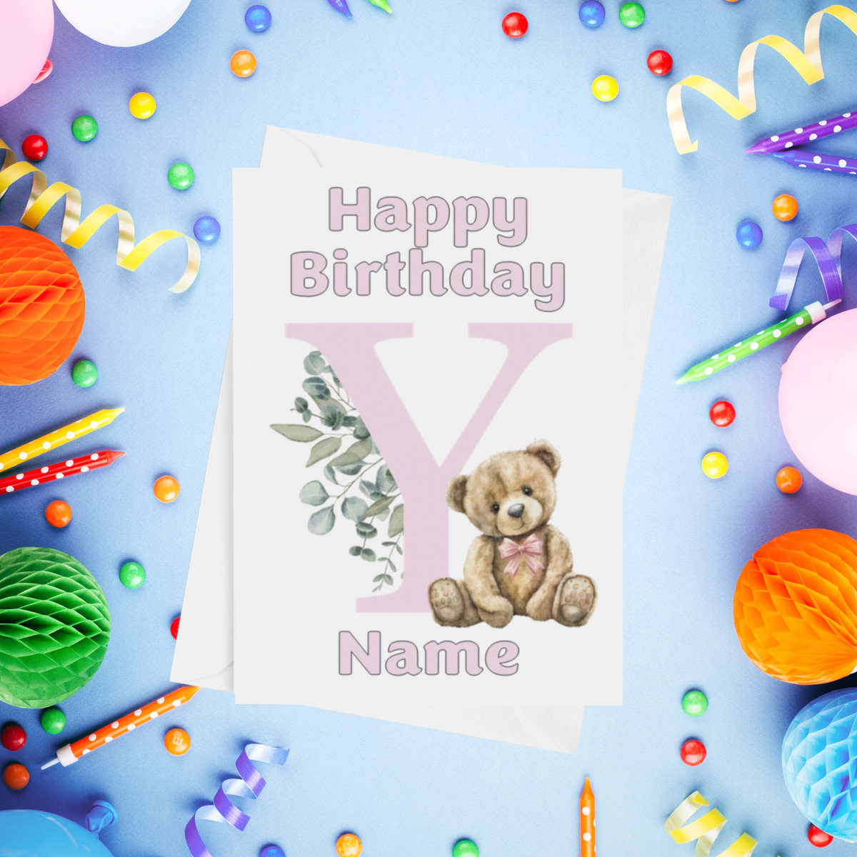 Cute Pink Alphabet Bear Personalised Birthday Card