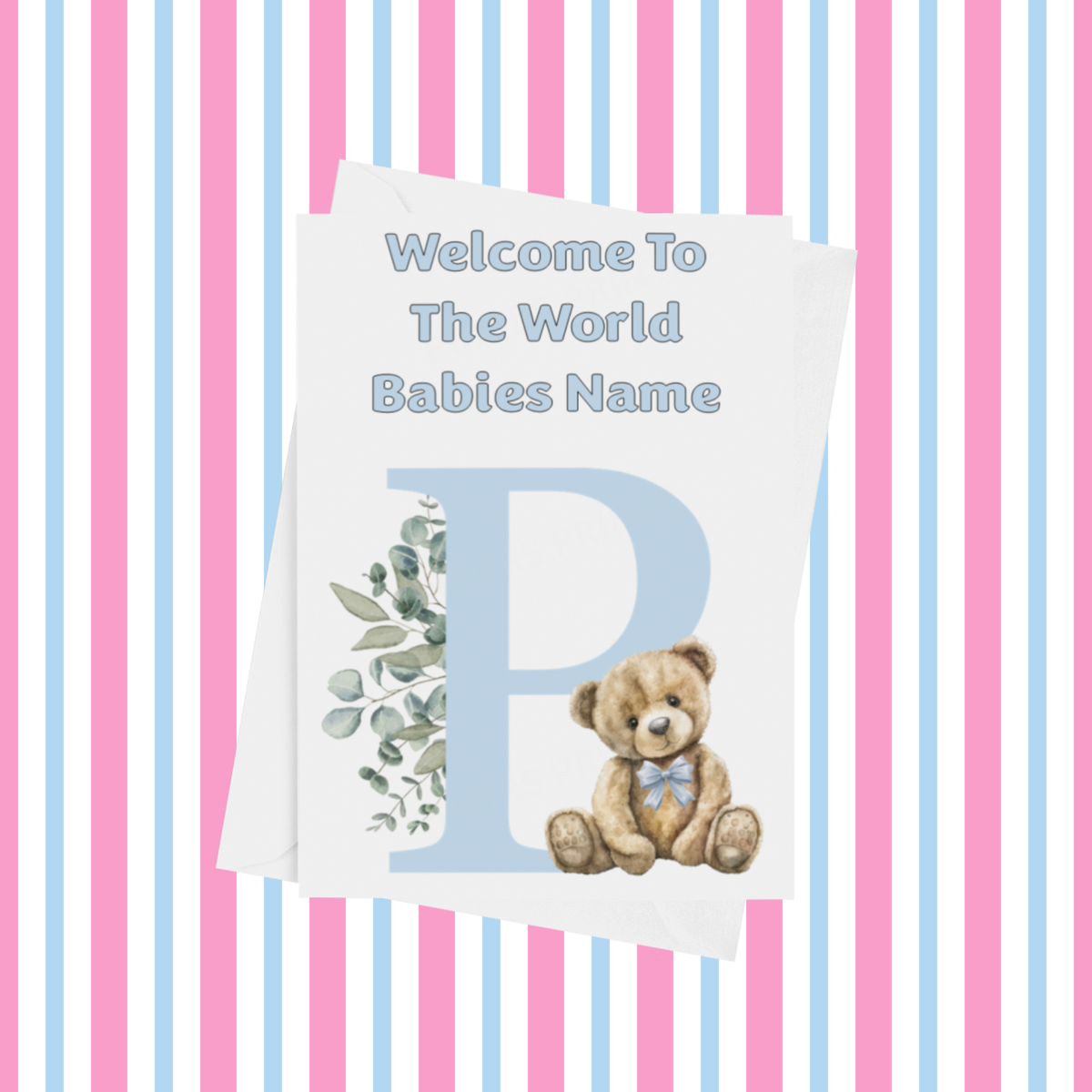 Cute Blue Bear Welcome To The World Personalised Card for New Baby