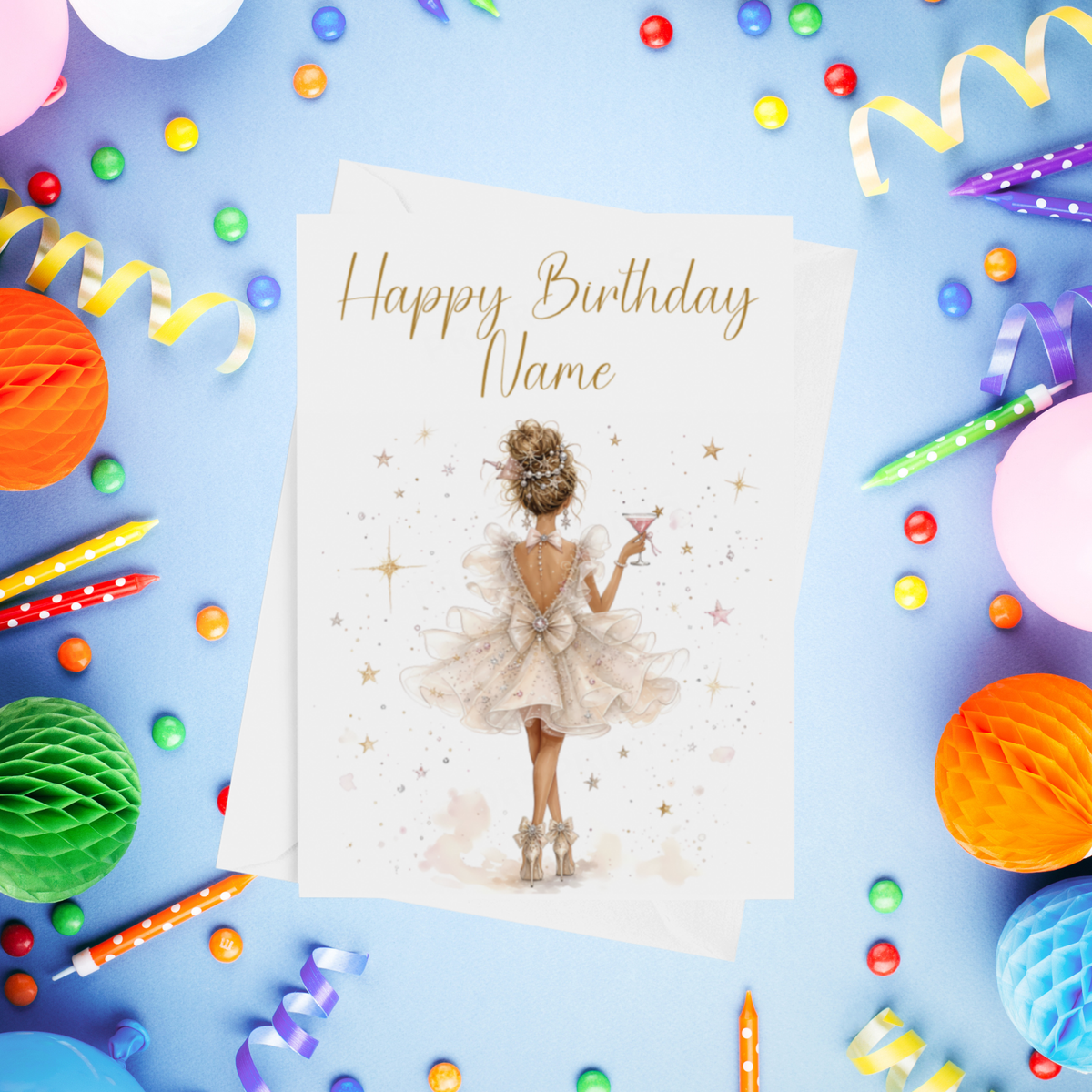 Woman in Pretty Dress with Drink Personalised Birthday Card
