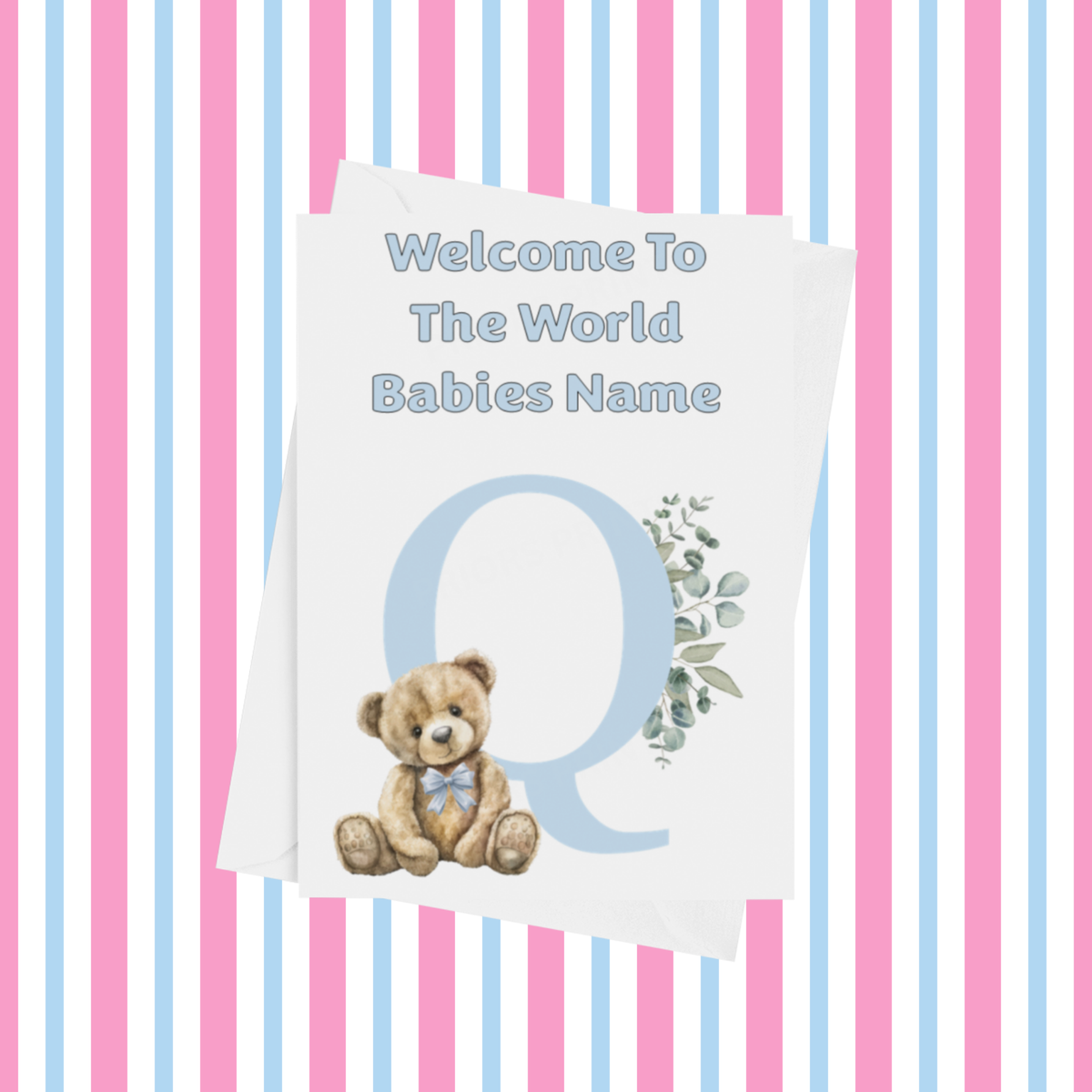 Cute Blue Bear Welcome To The World Personalised Card for New Baby