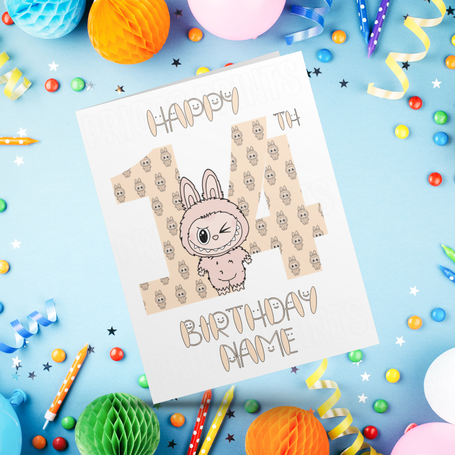 Personalised Labubu Birthday Card with Age 5-20 Years- Orange