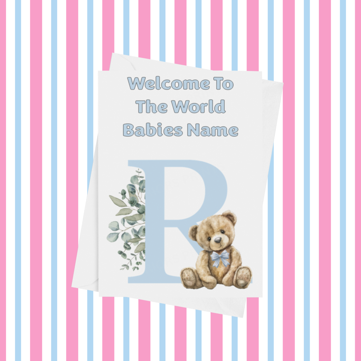 Cute Blue Bear Welcome To The World Personalised Card for New Baby