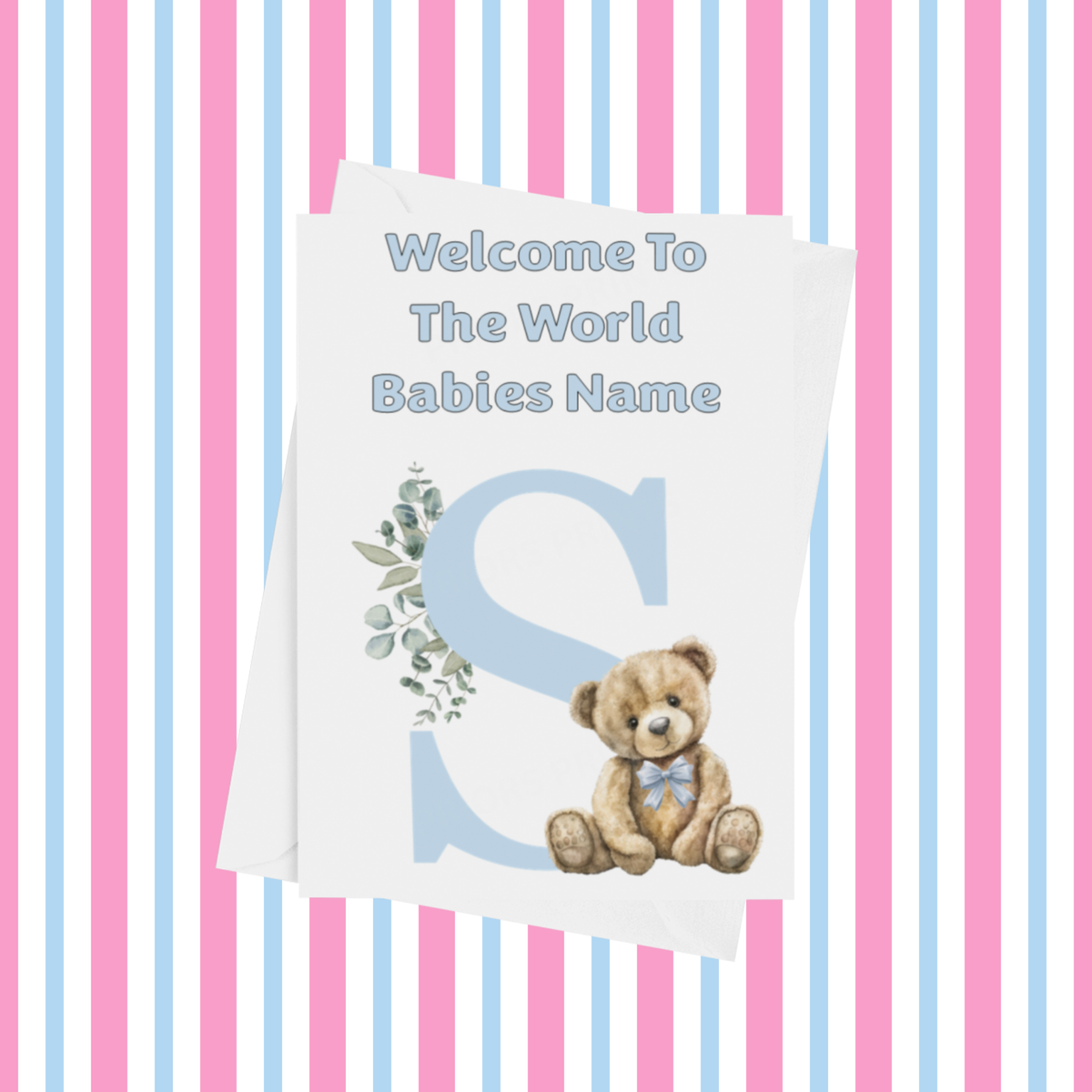 Cute Blue Bear Welcome To The World Personalised Card for New Baby