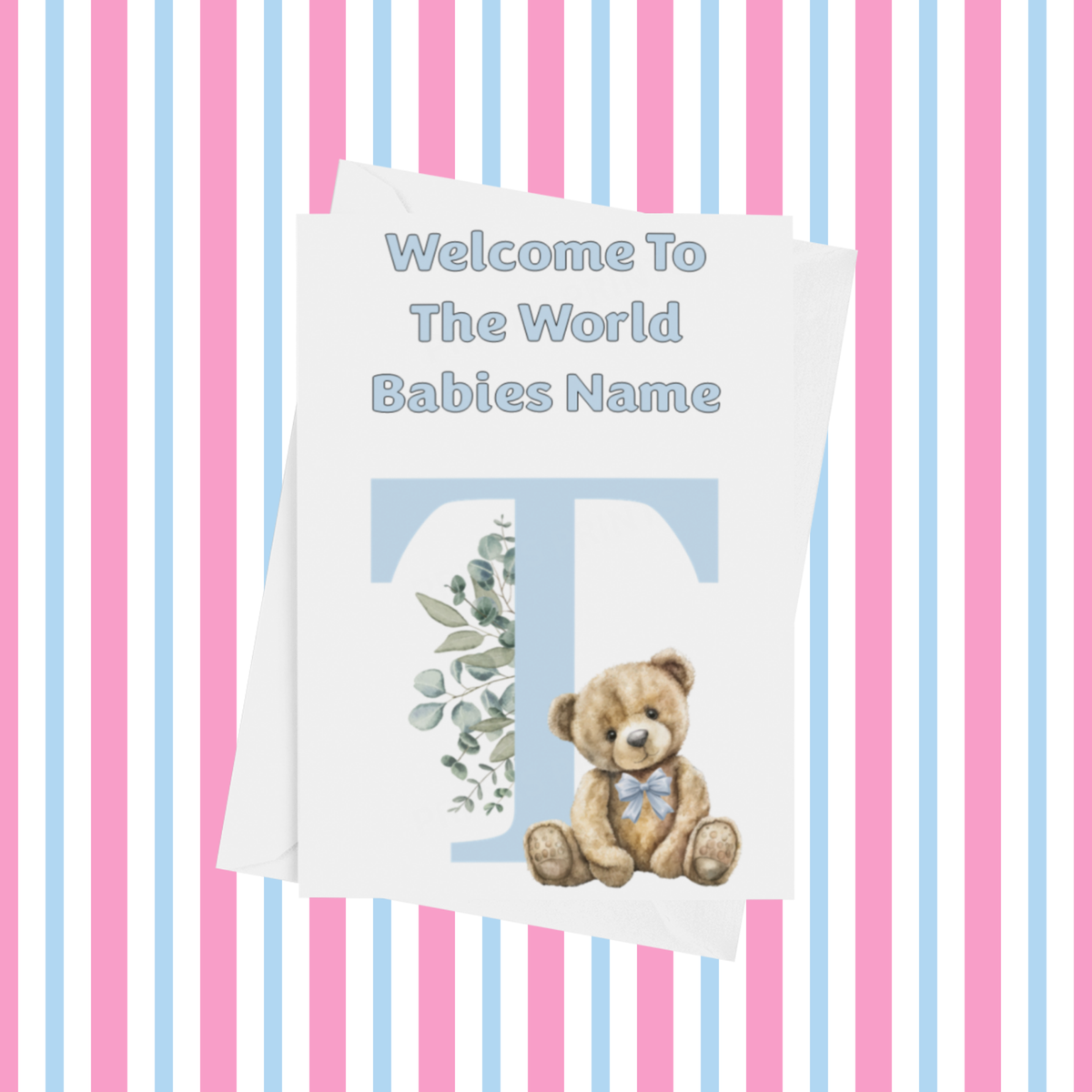 Cute Blue Bear Welcome To The World Personalised Card for New Baby