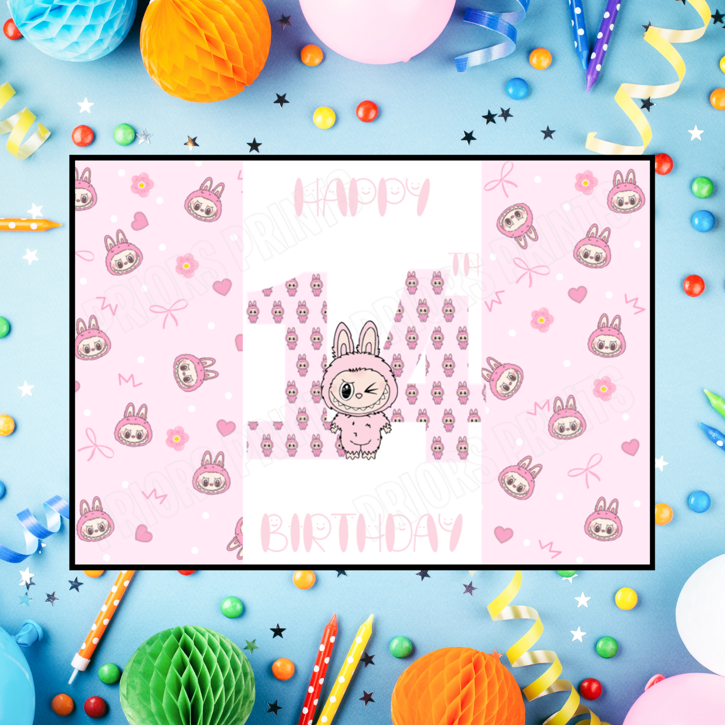 Pink Labubu Birthday Chocolate Bar Wrapper with Age 5-20 Years (Matches Cards)