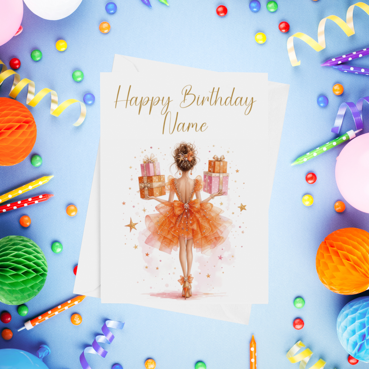 Woman in Pretty Dress Personalised Birthday Card