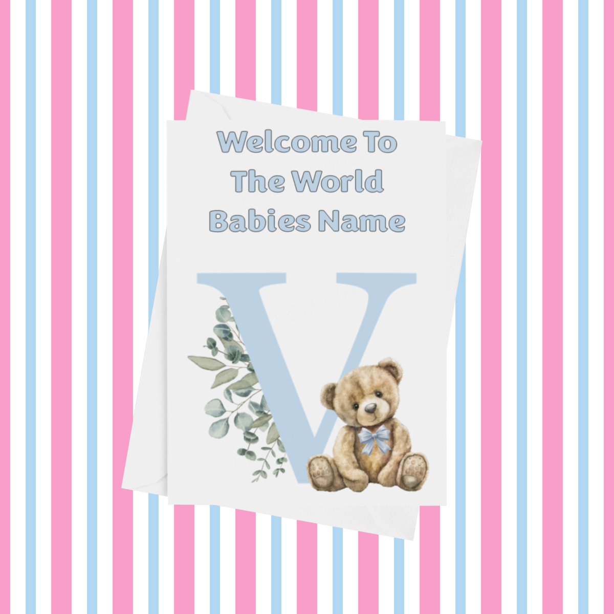 Cute Blue Bear Welcome To The World Personalised Card for New Baby
