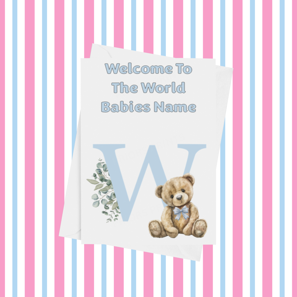 Cute Blue Bear Welcome To The World Personalised Card for New Baby