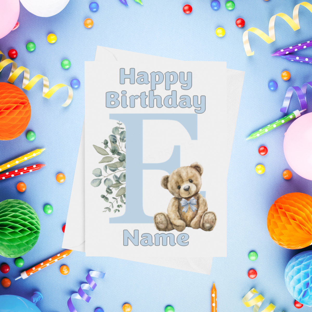 Cute Blue Alphabet Bear Personalised Birthday Card