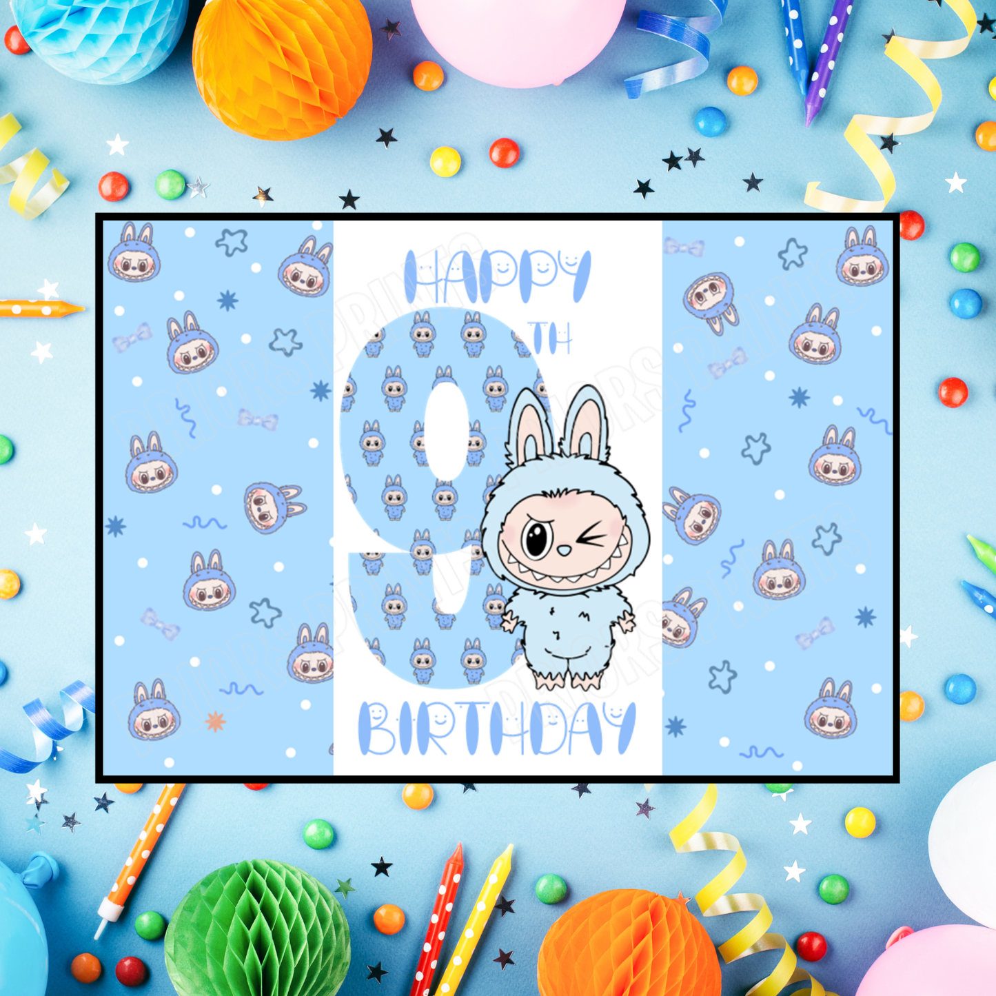 Blue Labubu Birthday Chocolate Bar Wrapper with Age 5-20 Years (Matches Cards)