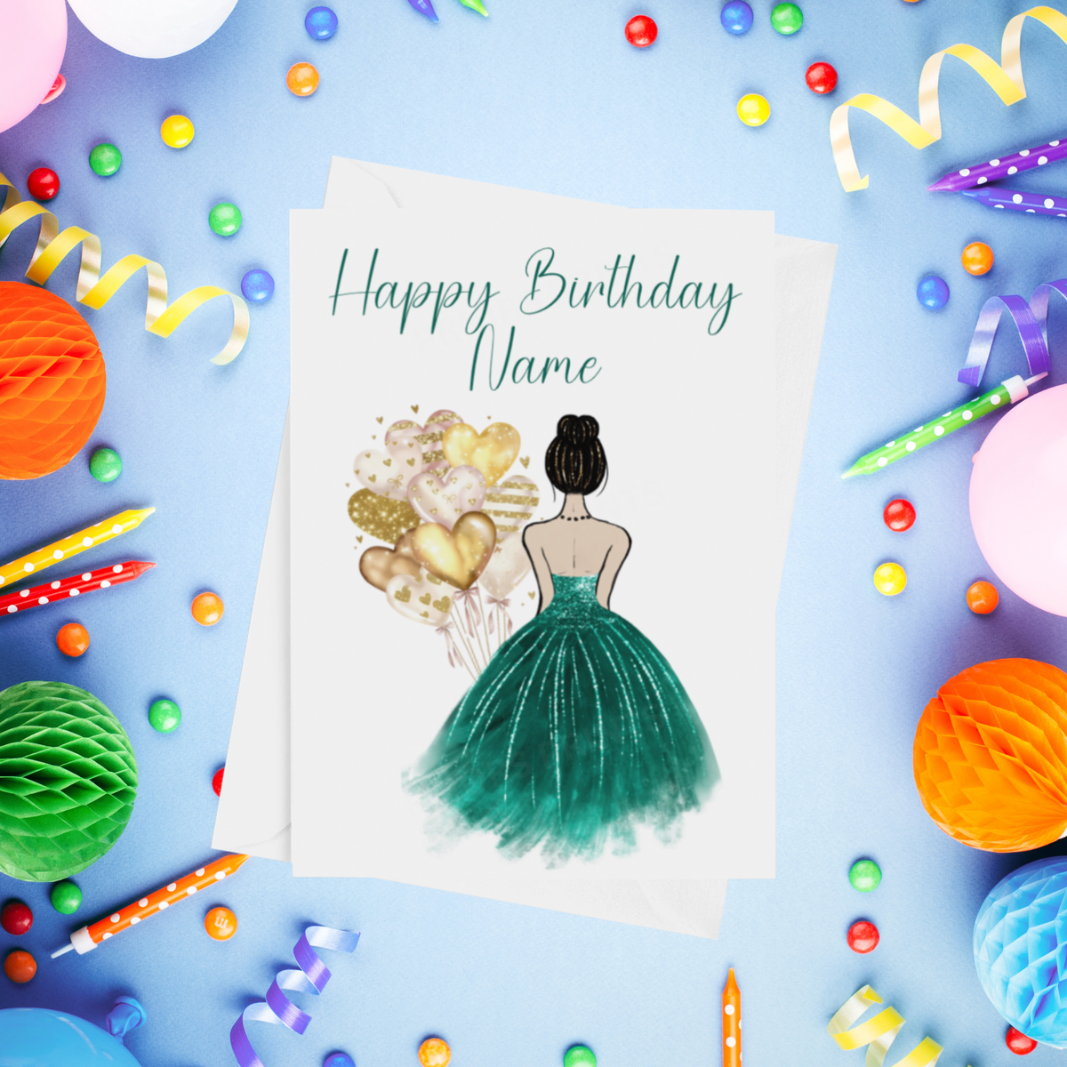 Pretty Dress in Green Personalised Birthday Card with Choice of Some Skin & Hair Colours