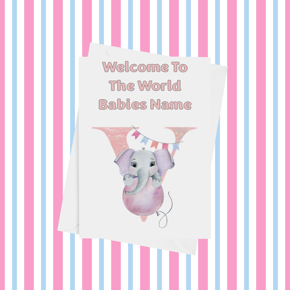 Welcome To The World Elephants Personalised Card for New Baby in Pink