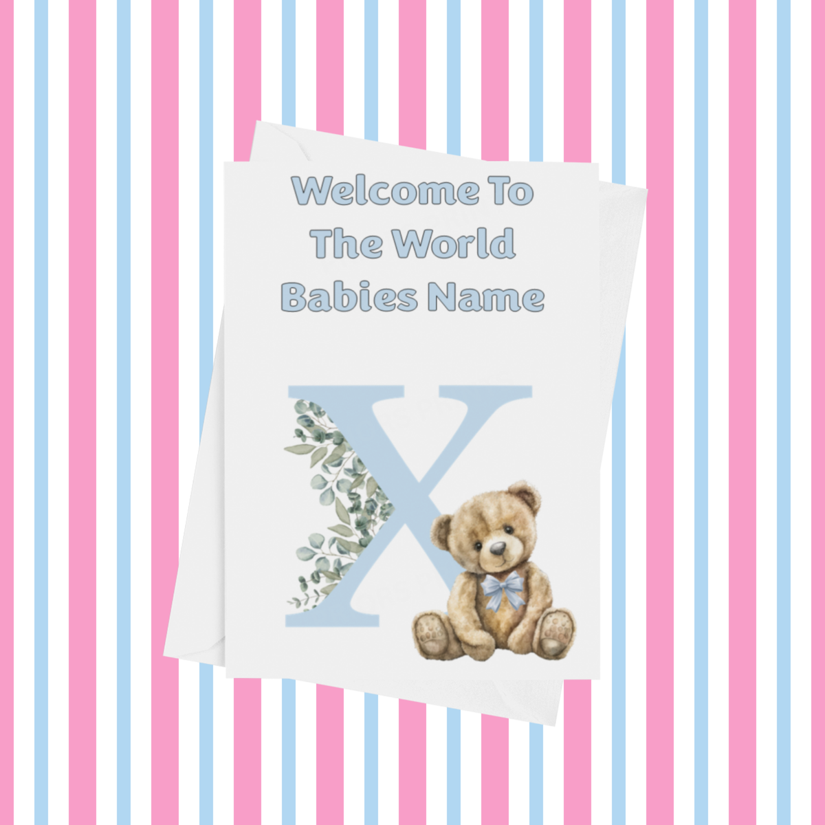 Cute Blue Bear Welcome To The World Personalised Card for New Baby