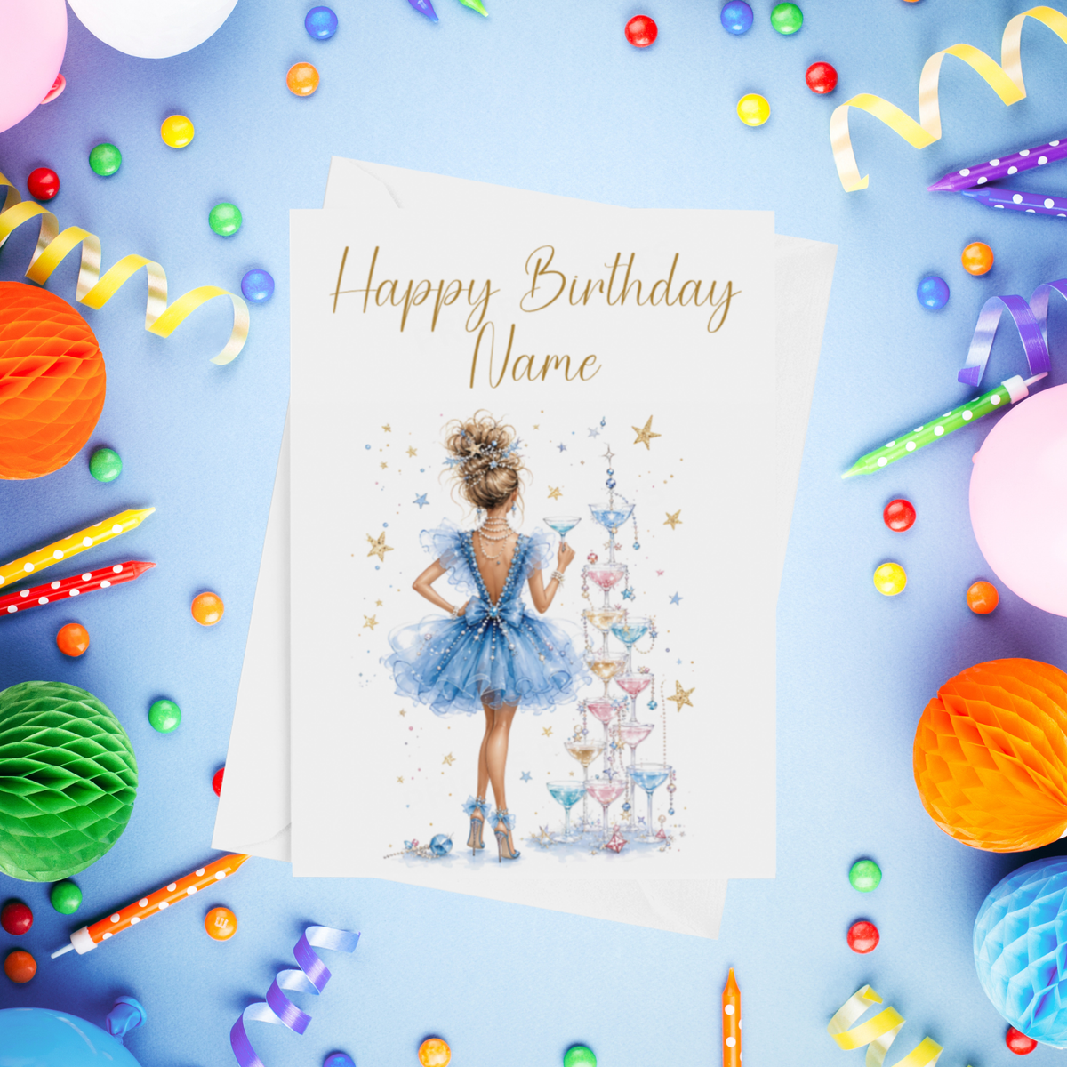 Woman in Pretty Dress with Drink Personalised Birthday Card
